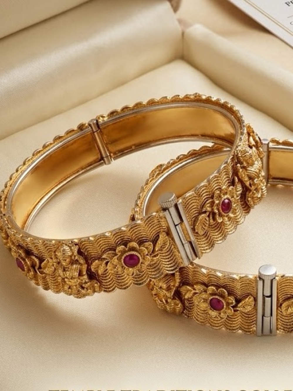 Gold Women's Floral Bangle Bracelet with Ruby Accents 2 set